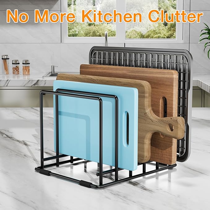 Baking Sheet Organizer Rack – 5-Slot Bakeware & Cookie Tray Holder for Kitchen Cabinet or Countertop, Stainless Steel Cutting Board Rack with Rust-Resistant Frame & Anti-Slip Feet