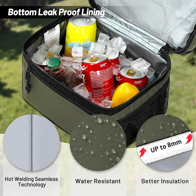 MIER Insulated Lunch Box Dual Compartment Lunch Bag Leakproof Cooler for Men Women Adult Work, Army Green, Medium (Upgraded Extra-Tall Bottom Layer)