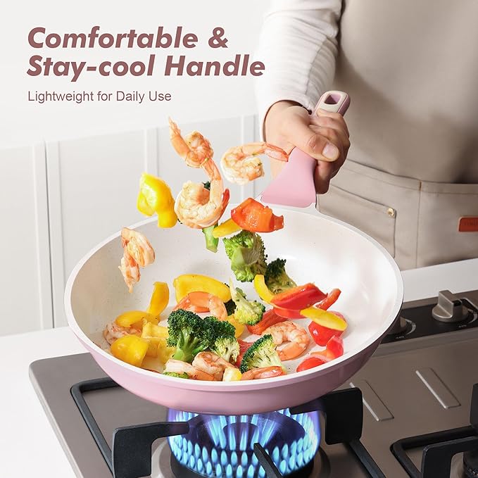 SENSARTE Nonstick Ceramic Frying Pan with Lid 9.5 Inch Omelet Pan Skillet, Free of Intentionally Added PFAS/PTFE Non-toxic Chef's Pan Induction Compatible Pan, Heat Resistant Handle, Sakura Pink