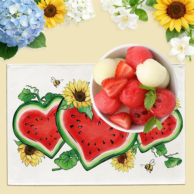 Seliem Summer Watermelon Sunflower Placemats Set of 4, Love Heart Melon Fruit Flower Dining Table Place Mats, Floral Bee Seasonal Kitchen Decor Home Decoration 12 x 18 Inches