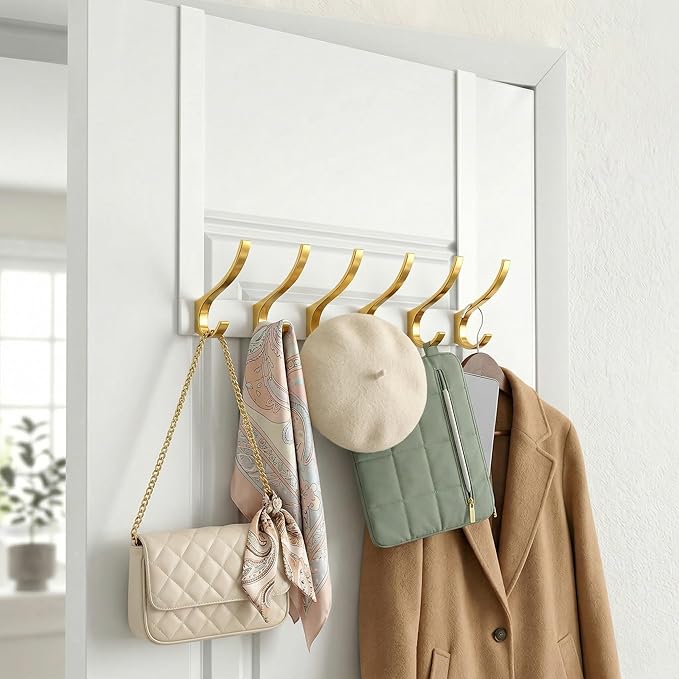 11" Over The Door Hooks for Hanging, Heavy Duty Door Towel Rack with Custom Gold Hooks, Anti-Scratch 4 Pads, 12 Dual-Layer Hooks for Bathroom Bedroom Kitchen, White Gold
