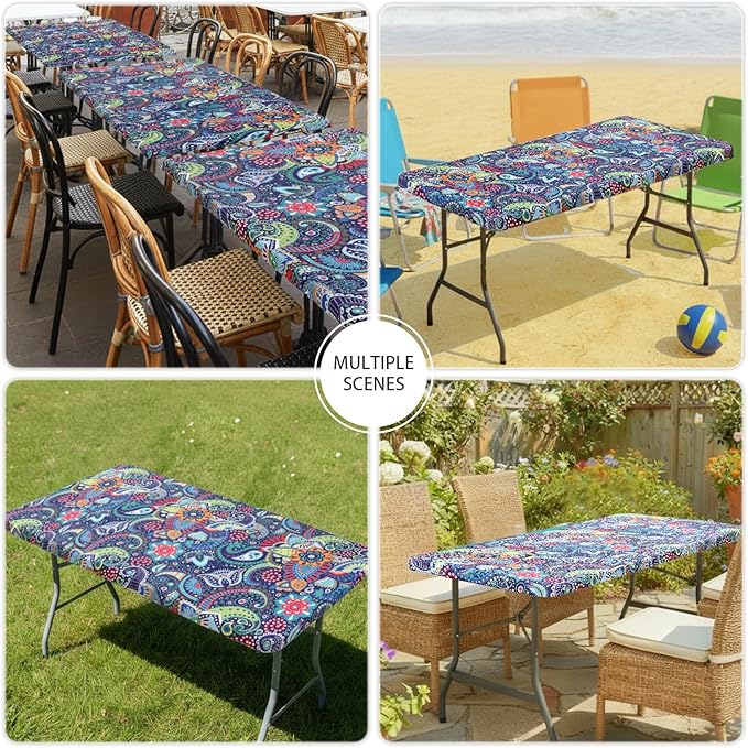 Smiry Spandex Fitted Tablecloth for 8 Foot Rectangle Tables, Washable Picnic Table Cover with Elastic, Stretch Reusable Table Cloth for Outdoor, Camping, Dining & Kitchen (Paisley, 30"x96")