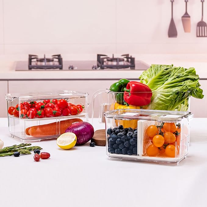 elabo Fruit Storage Containers Fridge Produce Saver -Stackable Refrigerator Organizer Storage and Colander Container with Lids and Removable Drain Tray for Veggie, Berry and Fruits, 2 Large