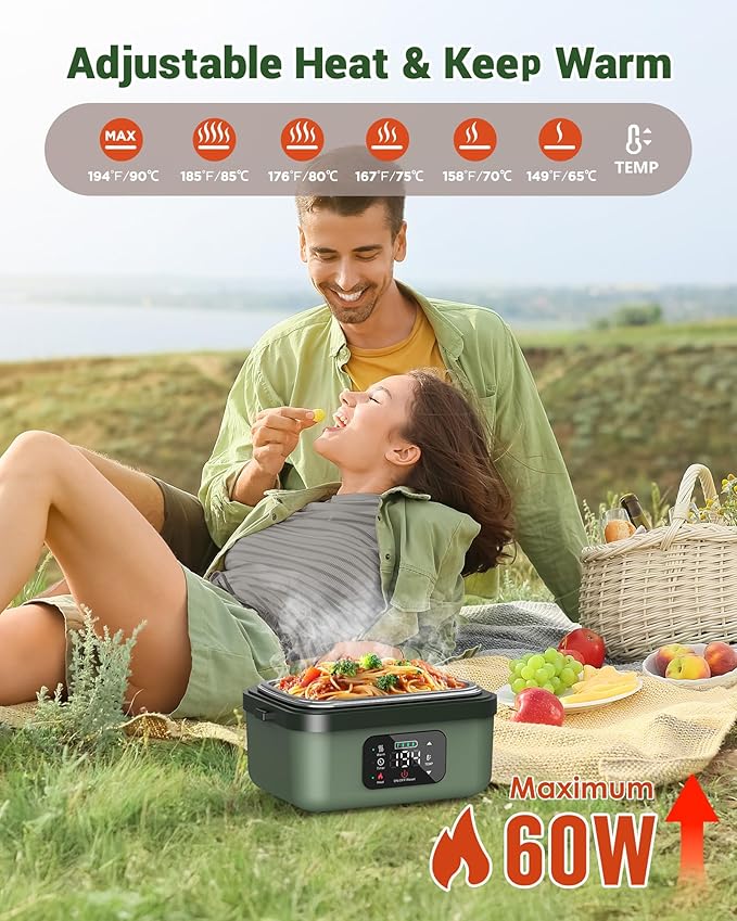 ODSD Cordless Electric Lunch Box for Adults, 16000mAh Rechargeable Self-Heating Lunch Box Food Warmer with Timer & Adjustable Heating, 34oz/1L Container with Insulated Bag for Office Car Outdoor