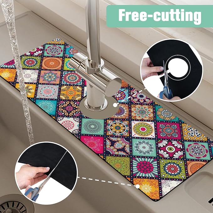 2 Pack 2 Pack Kitchen Sink Splash Guard Faucet Mat 15" X 5.5" Mandala Absorbent Fast Drying Mat Faucet Draining Mat Sink Splash Guard Behind Faucet Drip Catcher for Kitchen Bathroom