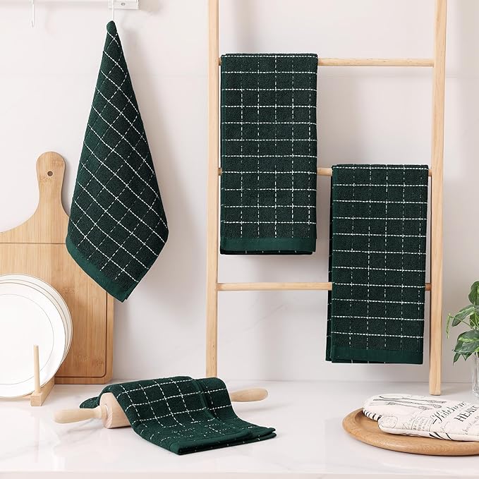 Homaxy 100% Cotton Terry Kitchen Towels(Blackish Green, 13 x 28 inches), Checkered Designed, Soft and Super Absorbent Dish Towels, 8 Pack