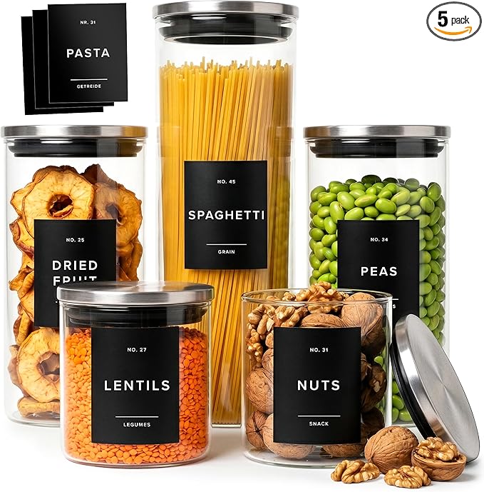 EDELHAUS Glass Storage Containers with Stainless Steel Lids [Extra Thick Glas] with 54 Labels - Canister For Pantry Noodles Flour Cereal Rice Sugar Tea Coffee Beans - Round Set of 5x