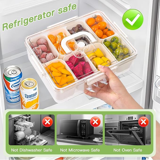 Chilled Snackle Box Container, Snacklebox with Reusable Ice Pack, Beach Essentials Insulated Bag for Parties, Road Trip, 8 Compartment Snack Container, for Fruits, Veggies, Snacks, Keep Food Cold