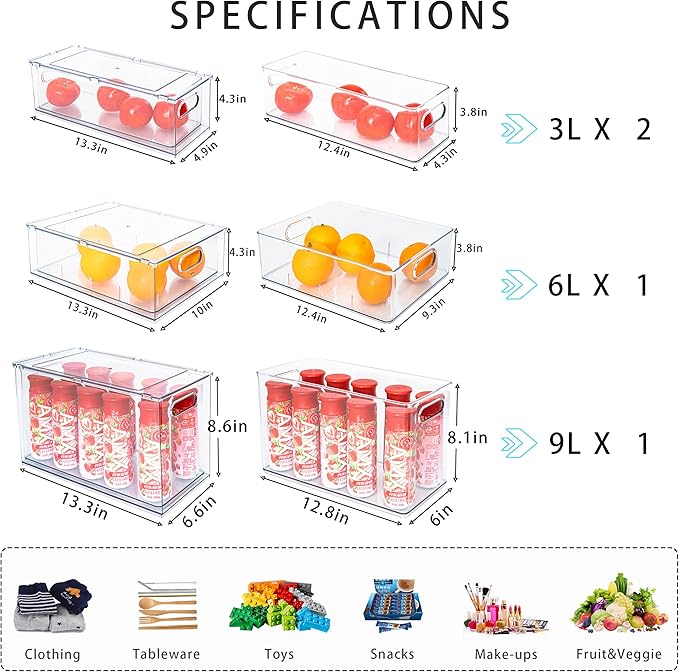 4 pack Stackable Fridge Drawers Pull-Out Bins Divided Produce Saver Containers for Refrigerator Storage Organizers for Veggie Fruit Berry Pantry Cabinet Makeup Clothes