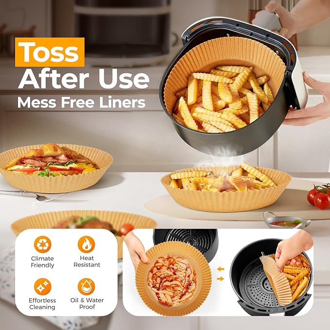 Air Fryer Paper Liners Disposable: 8 Inch Max Xl Large Cooker Air Fryer Disposable Paper Liners, 100Pcs Oil Proof Parchment Sheets Round Basket Bowl Liner for Baking Cooking Food from vailnd