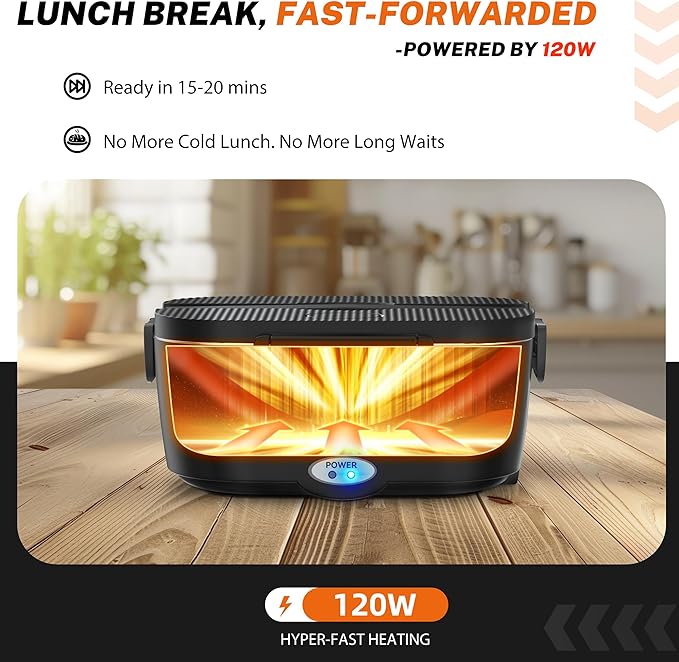 Heated Lunch Box,120W Electric Lunch Box for Adults with 1.5L 304 Stainless Steel Container, 12V/24V/110V Lonchera Eléctrica Portátil for Travel,Work,Car,Truck (Pure Black, 1.5L)