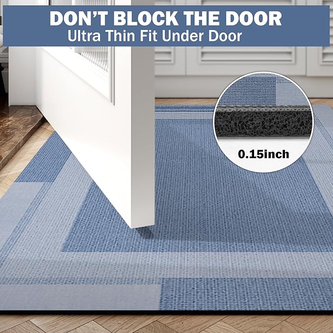 Non Slip Long Bathroom Runner Rug Bath Mat, Rubber Backing Ultra Thin Bathroom Rugs Fit Under Door Quick Dry Super Absorbent Washable Shower Mat for Bathtub Sink Floor, Blue 17"x59"