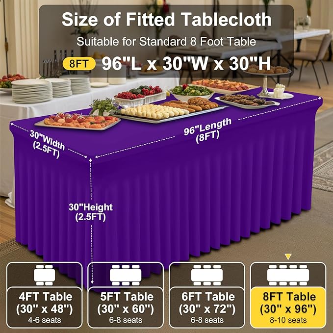 Smiry Spandex Tablecloth, Elastic Fitted Stretch Tablecloth for 8FT Rectangle Tables, Waterproof Washable Table Cover Skirt for Outdoor, Wedding, Banquet & Parties (Purple, 96Lx30Wx30H Inch)
