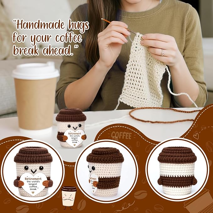 Mini Retirement Gift for Women Men Handmade Crochet Coffee for Coworker Mentors Leader Teachers Nurse Friends Mom Grandma Retired Farewell Going Away Goodbye Gifts for Women Men Retirement Party
