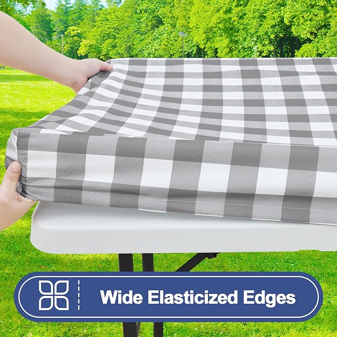 Smiry Picnic Table Cloth 2 Pack, Waterproof Elastic Fitted Tablecloths for 4FT Rectangle Tables, Washable Polyester Buffalo Plaid Tablecloth for Camping, Dining & Outdoor (Grey & White, 30" x 48")