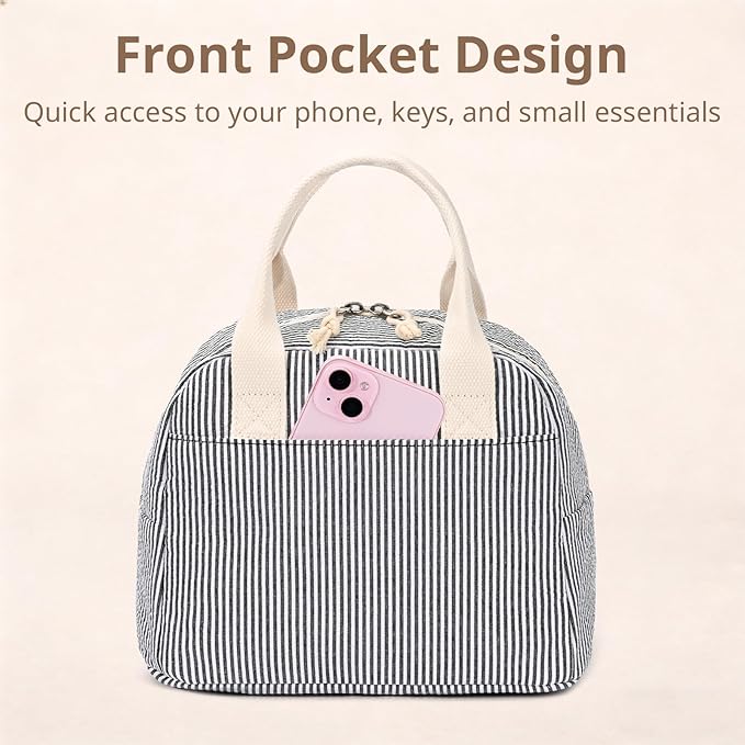 LOVELYWIND Insulated Lunch Bag for Women, Reusable BLack Striped Lunch Box Cooler Bag with Large Capacity, Durable Lunch Tote for Work