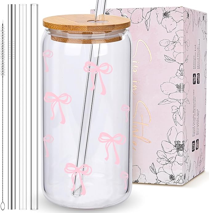 Coquette Cute Pink Bow Glass Cups with Lids and Straws, Aesthetic Iced Coffee Matcha Cup, Girly Preppy Design Tumbler Mug, Valentines Christmas Birthday Gifts for Women, Teen Girl Gifts Trendy Stuff