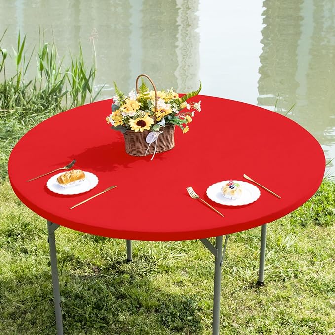 Round Fitted Table Cover Elastic Tablecloth 5ft Stretch Spandex Table Top Cover for Dining Kitchen Home Party Red 60 Inch