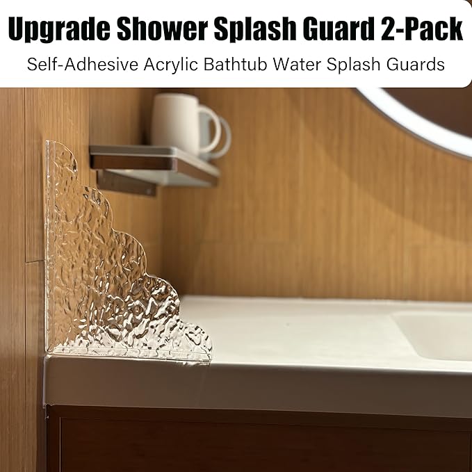 Corner Splash Guard for Bathroom, 8.5 x 7.4 inches, Adhesive Waterproof Shield for Tub Shower Sink, 2-Pack