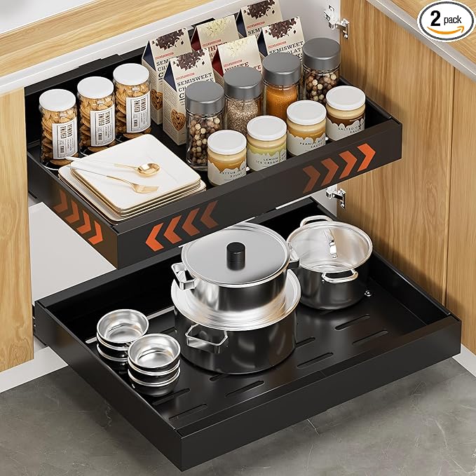 lockincar 2Pack Expandable Pull Out Cabinet Organizer 21" Deep, Adjustable Width 12.2"-20.4" Slide Out Drawers & Roll Out Shelves for Kitchen Cabinets, Easy Install with Double-Sided Adhesive, Black