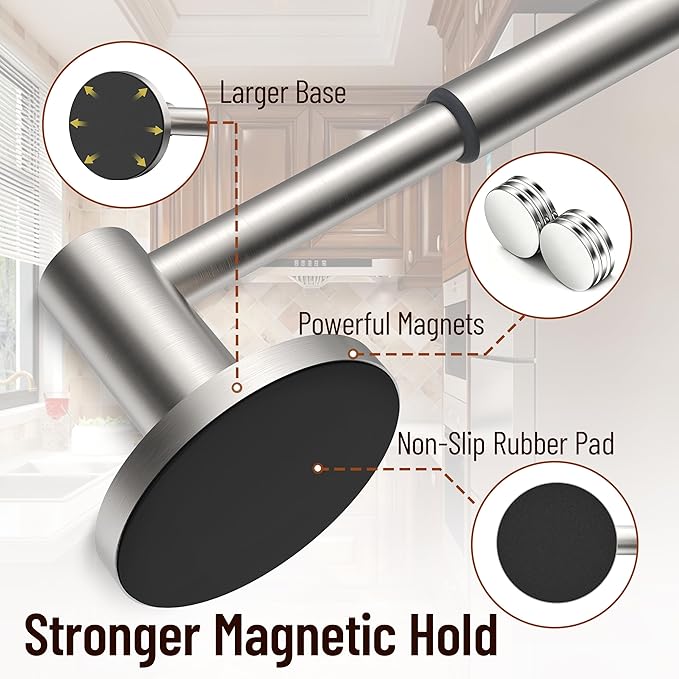 Magnetic Towel Bar, Adjustable Towel Rod with Larger Magnetic Base & Hidden Magnet Design, Non-Slip Magnetic Towel Holder for Refrigerator, Dishwasher, Oven, Washer (Silver, 1Pack)
