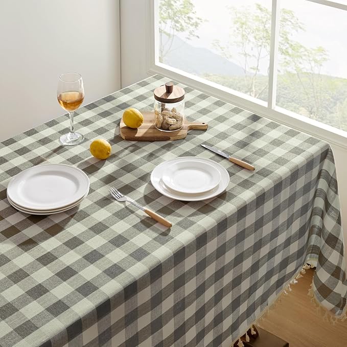 Softalker Checkered Tablecloth Square, Outdoor Linen Cotton Gingham Table Cloth with Tassel, Heavy Duty Wrinkle Free Buffalo Plaid Table Cover for Kitchen Dining Summer Party - 55 x 55 Inch, Coffee