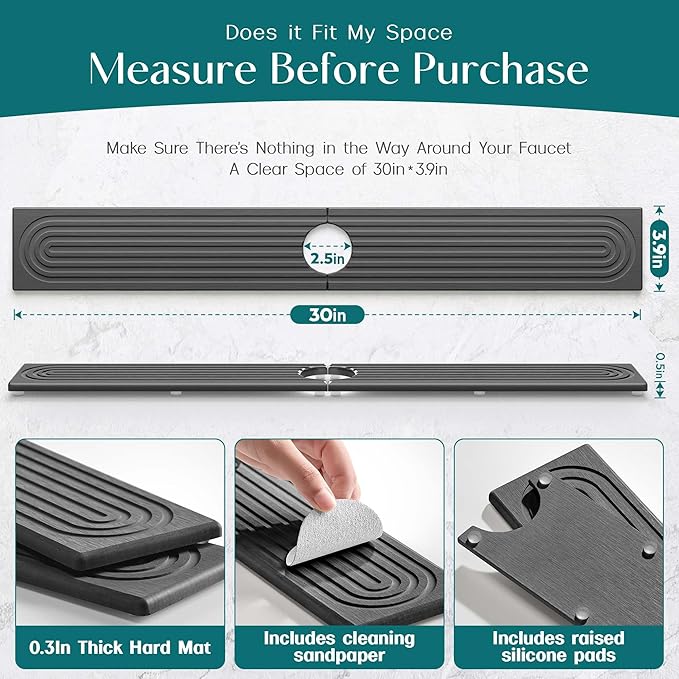 30 inch Kitchen Faucet Absorbent Mat - Diatomaceous Earth Splash Guard for Sink Faucet, Aesthetic Water Absorbing Stone Tray in The Modern Home (30" x 3.9", Dark grey)