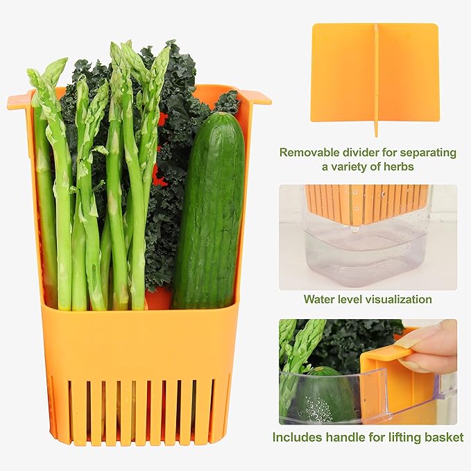 LUVCOSY Fresh Herb Keeper for Refrigerator, Clear BPA-Free Herb Saver, Storage Container for Cilantro, Parsley, Thyme, Mint & Asparagus, Preserver Keeps Fresh Herbs for 3 Times Longer, Orange