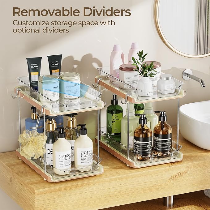 DELAMU Under the Sink Organizer, 2-Tier Pull-Out Cabinet Drawers with Adjustable Shelf & Hooks, Under Sink Cabinet Organizer for Bathroom, Kitchen, Vanity & Every Household(Wood Grain, 4 Pack)
