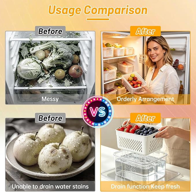 3 Pack Fruit Storage Containers for Fridge with Removable Colander, Airtight Produce Storage Containers for Fridge, 4-in-1 Fruit and Vegetable Storage, Berry Keeper, Stackable Veggie Containers