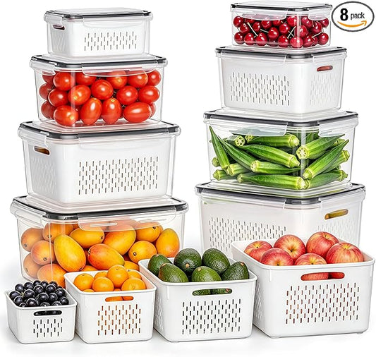 HOMETALL 8 Pack Fruit Storage Containers for Fridge with Strainer, BPA Free Fruit Cleaning Bowl Fridge Organizer, Plastic Fresh Keeper Set Refrigerator Organizer for Salad Berry Produce