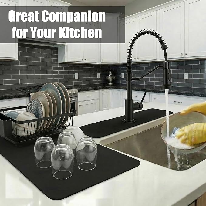 Customizable 24"L x 5.5"W Kitchen Sink Faucet Mat & 24"Lx16"W Dish Drying Mat Set - Absorbent Microfiber Splash Guard Trimmable to Fit 2 & 3 Holes Faucet & Soap Dispenser - Cuttable Counter Protector