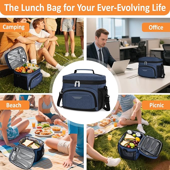 Vankor Large Insulated Lunch Bag for Men Women kids, Reusable Lunch Box kids Leakproof with Adjustable Shoulder Strap for Work Teacher School Picnic Beach Travel, Blue