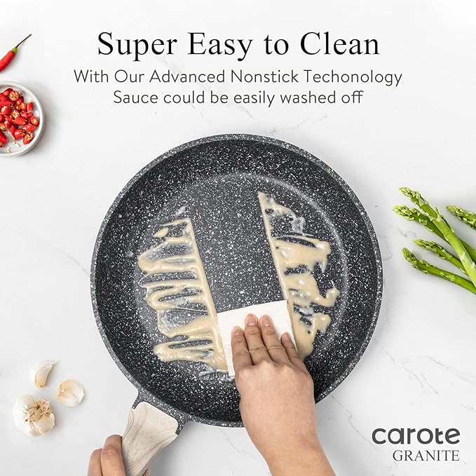 CAROTE Non Stick Frying Pan Skillet, Omelet Pan, Healthy Non Toxic Granite Chef Pan, Induction Compatible Egg Frying Pan with Heat-Resistant Handle, PFOA-Free,Black, 10"