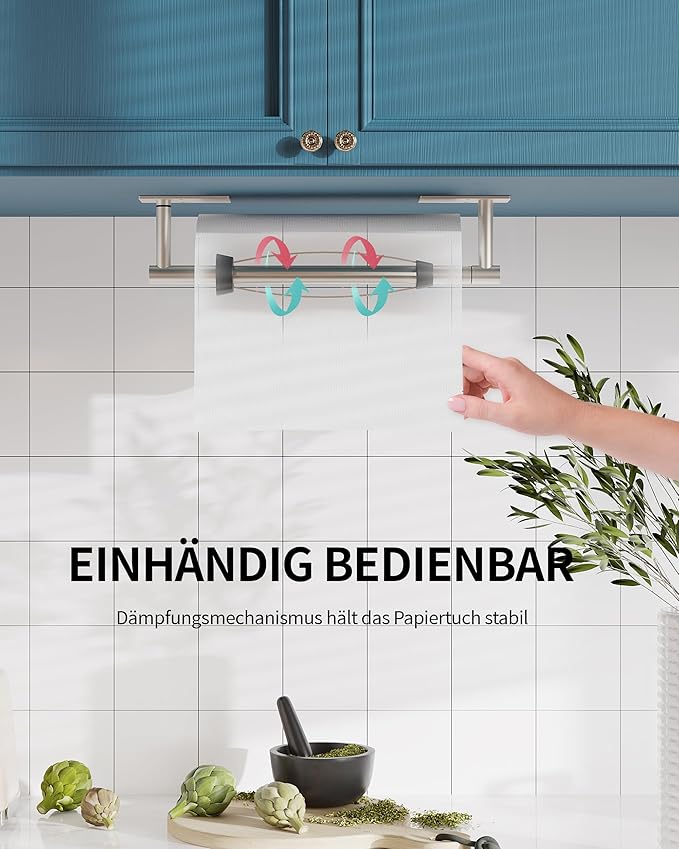 Paper Towel Holder Under Cabinet, Self Adhesive or Wall Mount Hanging Paper Towel Holder with Damping Effect, Single Hand Operable, Stainless Steel for Kitchen Bathroom (Silver)
