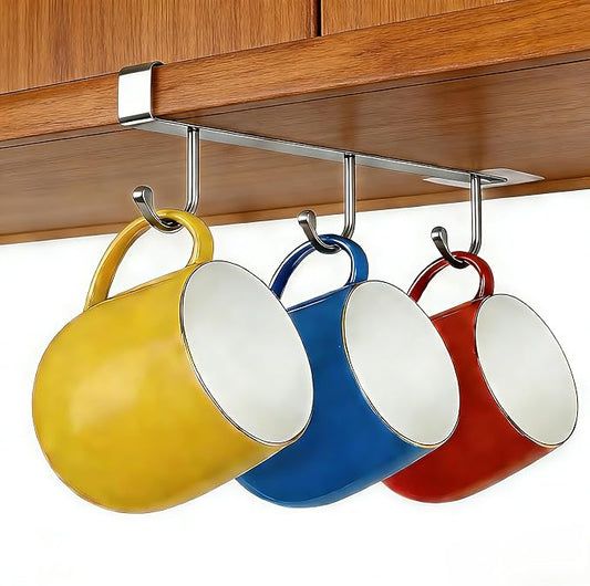 Nailless Fixed Coffee Cup Storage Rack - Hanger for Storing Cooking Utensils - Cabinet-Style Storage Rack for Kitchen Coffee Bar Accessories - Stainless Steel Storage Hook - Silver