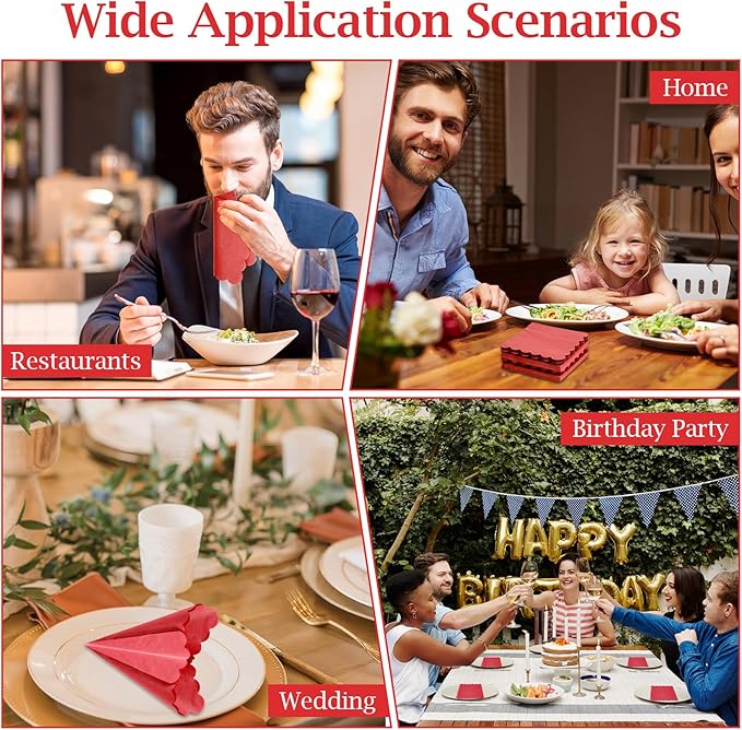 100 Pcs Cocktail Napkins, 2-Ply 5 x 5 Inches Disposable Scalloped Napkins, Thick Premium Dessert Napkins for Party, Wedding, Dinner, Birthday, Anniversary, Festival (Red)