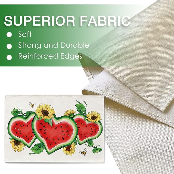 Seliem Summer Watermelon Sunflower Placemats Set of 4, Love Heart Melon Fruit Flower Dining Table Place Mats, Floral Bee Seasonal Kitchen Decor Home Decoration 12 x 18 Inches