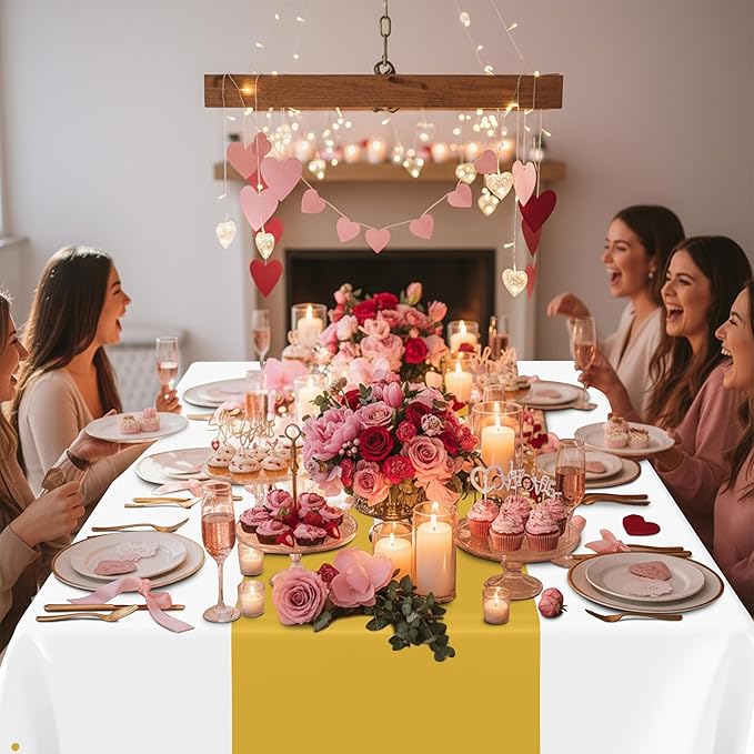 Smiry Plastic Table Cloth Disposable 5 Pack, 54 x 108 Inch Rectangle Waterproof Tablecloth, Printed Gold Table Runner Style for Birthday Weeding, Party Decorations, Leakproof & Sturdy, White and Gold