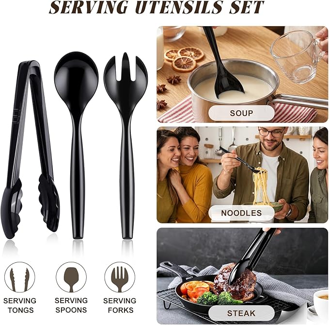 Mwellewm 18Pcs Serving Utensils, 10'' Plastic Serving Utensils Set, Disposable Serving Spoons for Buffet, Large Serving Tongs for Food, Heavy Duty Party Supplies for Salad Soup Cooking Catering(Black)