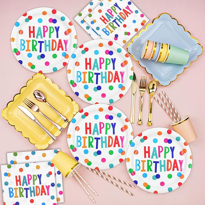 50PCS Birthday Plates and Napkins Party Decorations, 7inch Colorful Dots Happy Birthday Dessert Plates Cake Plate Disposable Paper Tableware Dinnerware Set for Birthday's Party Supplies
