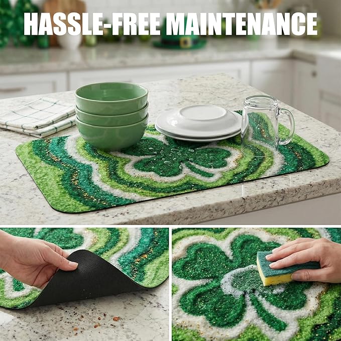 St Patrick’s Day Dish Drying Mat: 12’’x20’’ Green Shamrock Absorbent Counter Protector, Non-Slip Bar & Coffee Mat - Irish Lucky Clover Gold Coin Theme Home Kitchen Holiday Decor