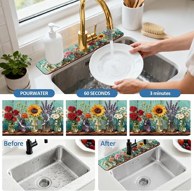 2 Pcs Kitchen Sink Splash Guard Faucet Mats Colored Glass Vases with Plants Pattern Faucet Mat for Sinks Roses Absorbing Drying Mat for Kitchen Bathroom, 23.6x5.5inch