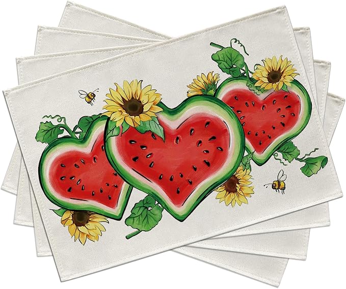 Seliem Summer Watermelon Sunflower Placemats Set of 4, Love Heart Melon Fruit Flower Dining Table Place Mats, Floral Bee Seasonal Kitchen Decor Home Decoration 12 x 18 Inches