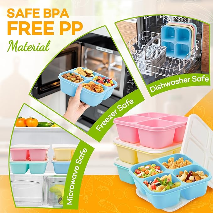 Bento Box Adult Lunch Box- 4 Pack,4 Compartment Snack Containers Reusable Meal Prep Stackable BPA-Free Lunch Containers for Home, Work, Travel (4 Color)