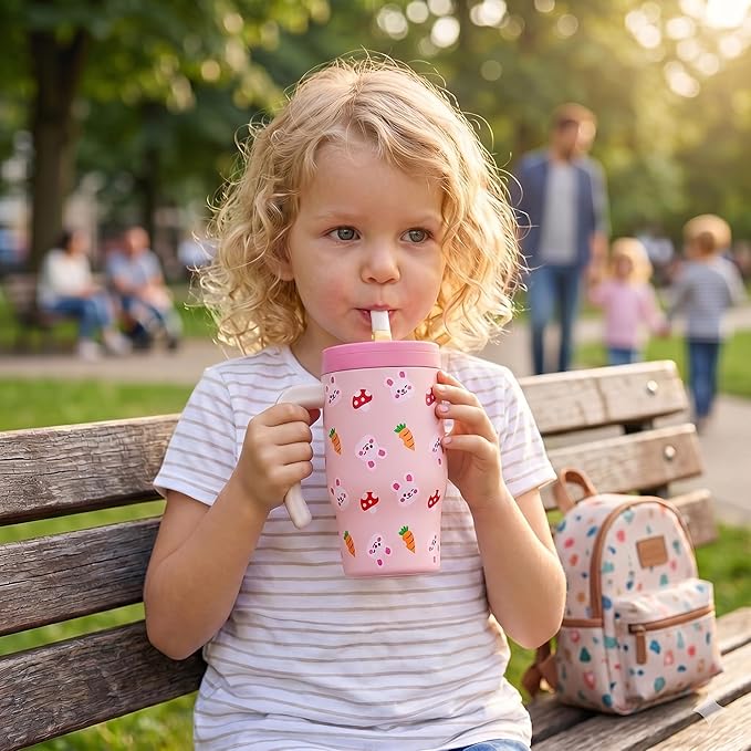 Fijinhom 18 oz Toddler Tumbler with Handle, Stainless Steel Insulated Water Bottle Coffee Mug with Straw, Toddler Cups, Kids Water Bottle for School, Sports, Travel, Pink Bunny