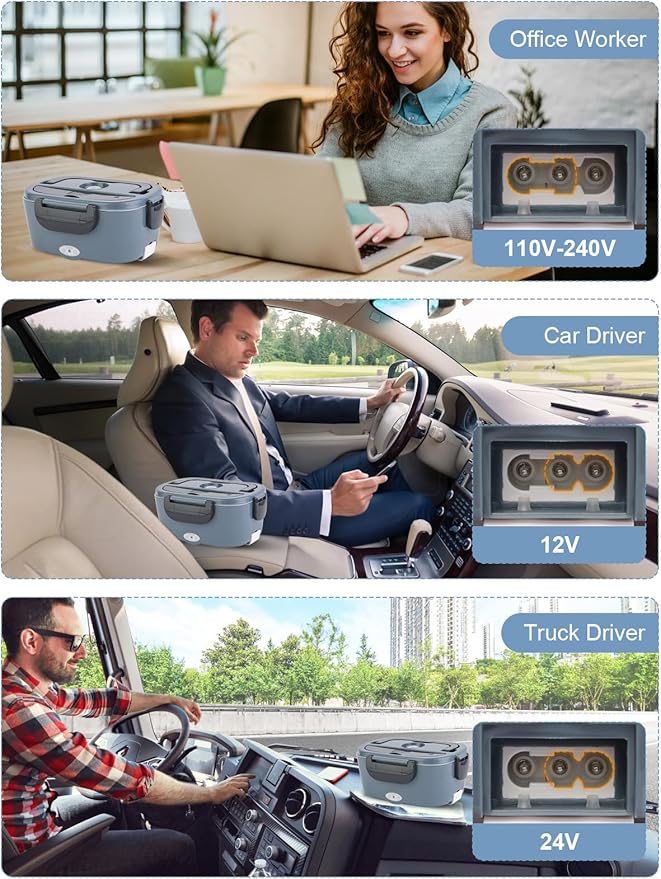 Electric Lunch Box, 80W Heated Lunch Box for Adults, 1.5L Portable Fast Heating Food Warmer for Car/Truck/Work/Travel, 12/24/110V Lonchera Eléctrica Portátil