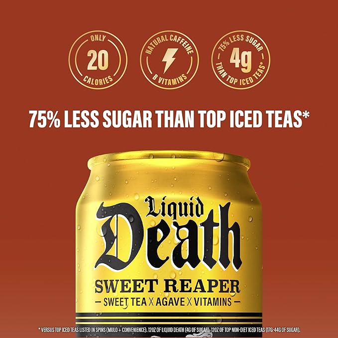 Liquid Death Iced Tea - Sweet Reaper (Black Sweet Tea), Less Sugar*, Boost of Caffeine, B Vitamins, No Artificial Sweeteners, 12 Fl Oz (Pack of 12)