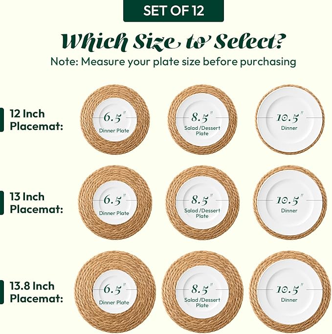 13 in Round Woven Placemats Plate Chargers Set of 12, Boho Farmhouse Rustic Woven Place Mats for Kitchen Dining Party Table Decor, Rattan Wicker Table Mats Jute Braided Chargers for Dinner Plates