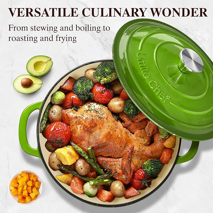 Umite Chef 7QT Enameled Cast Iron Dutch Oven with Lid & Cotton Potholders–Heavy-Duty Cookware for Bread Baking, Braising, Stews, Marinate, Cook,Refrigerate & Serve(Green)
